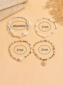 Set da 4 pezzi di gioielli per caviglia stile vacanza al mare, con conchiglie, perle, stelle marine, tartarughe e corda intrecciata, adatti per uso quotidiano, feste, appuntamenti, spiaggia e vacanze - Multicolore - Visualizzare 4