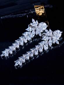 1 Pair Long Leaf Dangle Drop Clip On Earrings, Bridal Wedding Zirconia Crystal Silver Plated Cubic Zirconia Jewelry Accessories For Brides, Banquet, Party, Pageant, Prom, Women, Ladies, Bridesmaids Gifts - 1 Pair Clip On Earrings - View 11