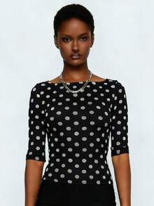 Women's Fall Dot Print Tops Fashionable Casual 3/4 Sleeve Slim Fit Boat Neck T Shirts - 黑色 - 查看 2