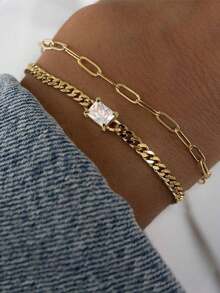2pcs Alloy Luxury Men's Bracelet Set, Paperclip & Rectangular Cubic Zirconia Pendant, Fashionable Accessory For Daily Wear - Yellow Gold - View 1