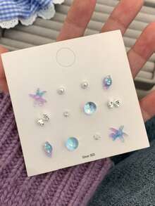 蓝色和粉色海洋系列耳环套装，几何兔子造型，蝴蝶结设计，可爱时尚耳环 - 彩色 - 查看 8