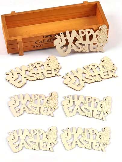 1/10pcs Natural Wood Easter Bunny "Happy Easter" Letter Hanging Ornaments, Handmade DIY Decorative Wood Slices For Painting, Coloring Easter Eggs, Home Decor, Suitable For Easter, Spring Decoration