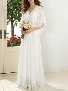 女士蕾丝长款连衣裙，雪纺V领，适合婚礼或正式场合，正式礼服 - 白色 - 查看 1