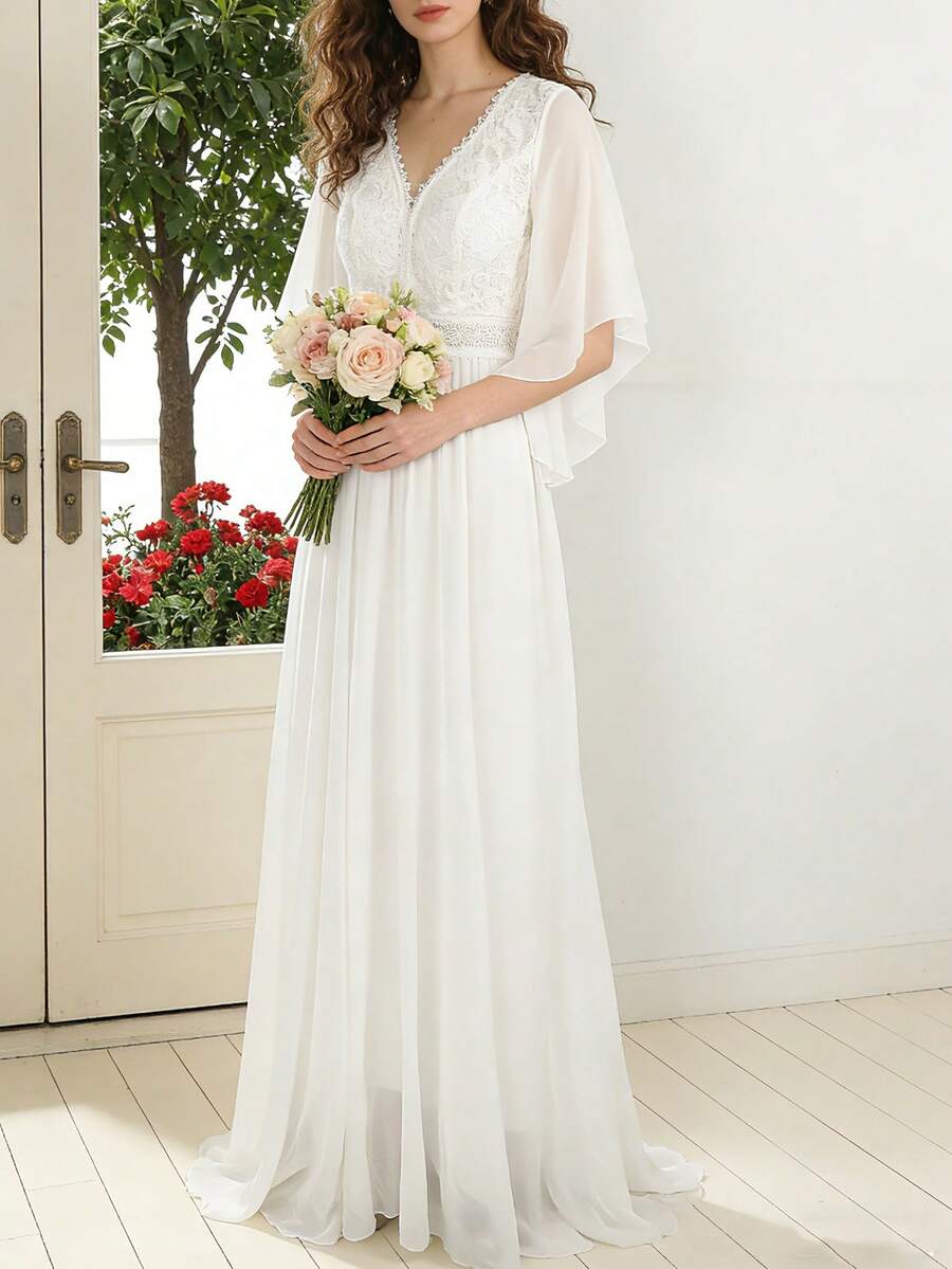 女士蕾丝长款连衣裙，雪纺V领，适合婚礼或正式场合，正式礼服 - 白色 - 查看 1
