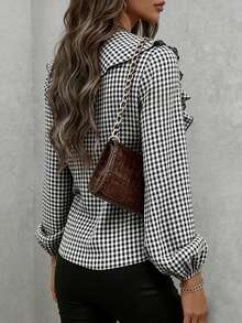Women's Elegant V-Neck Vintage Plaid Color Block Bow Lantern Sleeve Loose Blouse, Summer Spring - Black and White - View 5