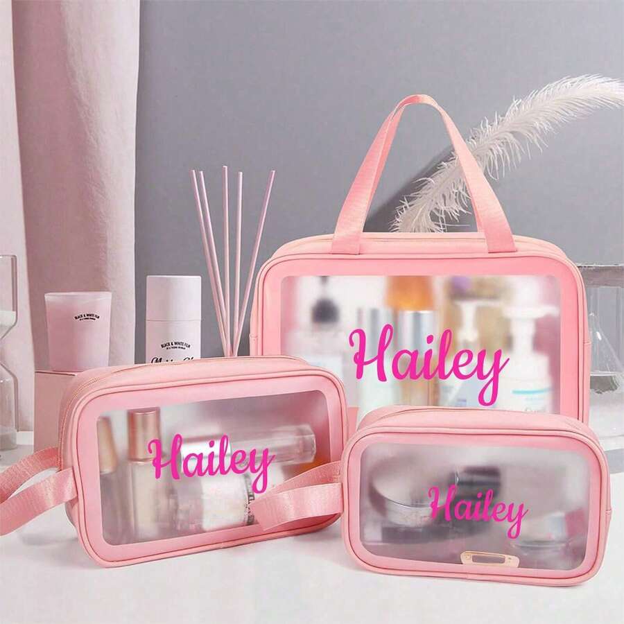 Customized Women's Makeup Bag, Personalized Semi-Transparent Matte PVC Cosmetic Bag, Can Customize Personal Name, Large Capacity Handbag, PU Flip Cover Portable Makeup Bag, Travel Bag, Exclusive Gift, Valentine's Day Gift, Wedding Gift, Best Friend Gift, Mother's Gift, Wife's Gift, Best Travel Choice - Multicolor - View 1