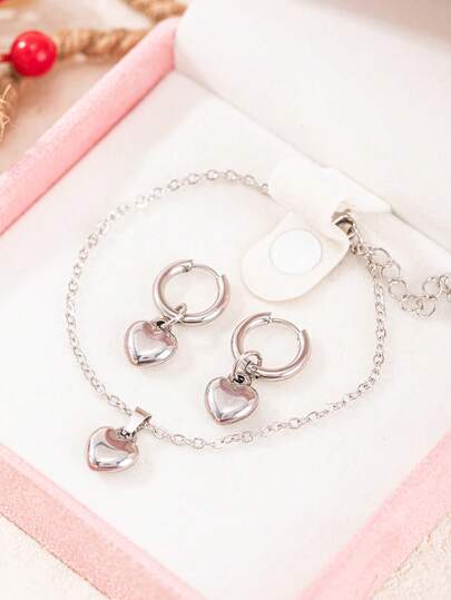 5pcs/Set Elegant Fashion Heart Pendant Necklace, Earrings, Bracelet Jewelry Set, Gift For Women, Birthday, Valentine's Day, Mother's Day