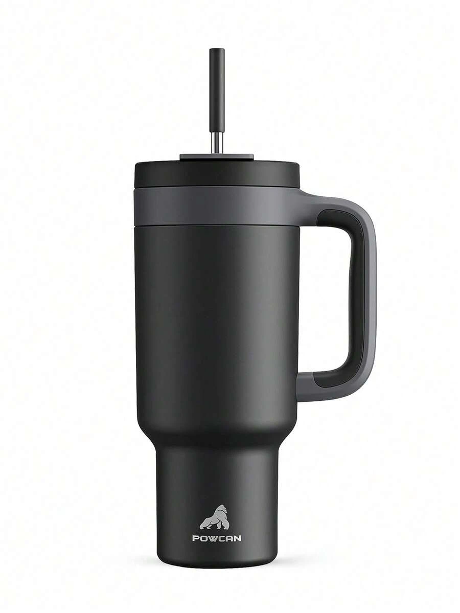 Meoky 40oz Stainless Steel Insulated Water Bottle With Handle, Vacuum Insulated Stainless Steel Travel Coffee Mug With 2-In-1 Straw And Leak-Proof Lid, Dishwasher For Hot & Cold Drinks, Perfect For Car Cup Holder, Home, Office, Travel, Outdoor And Gifts - Black - View 1