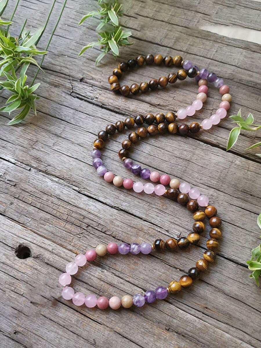 波西米亚风格项链，天然石菱锰矿和粉晶串珠，爱心项链或手链，象征自爱与信任，念珠瑜伽冥想饰品，男女皆宜 - 彩色 - 查看 1