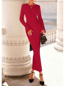 Vestido maxi de punto de cuello redondo y manga de campana, ajustado al Body, para mujer, otoño-invierno 2026 - Rojo - Ver 2