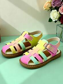 2026 Limited Edition Gradient Color Toddler Soft Bottom Walking Shoes For Girls 3-12 Years Old, Pink, Yellow, Green, Blue, Rainbow Gradient, Starry Sky Gradient, Hollow Design, Breathable Mesh, Protective Toe, Non-Slip Durable Sole, Adjustable Metal Buckle Heel Strap, Flat, Energetic Sweet Cool Dreamy Gradient Color Sandals, Closed-Toe Flat Fashion Shoes, Suitable For Birthday Party, Amusement Park, Summer Outings - Multicolor - View 1