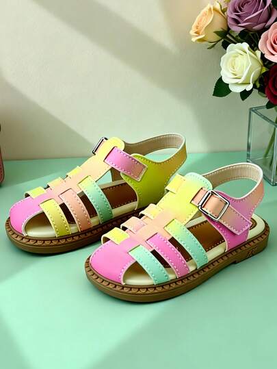 Sandalias de niña con diseño de correa con recorte iridiscente de color arcoíris degradado, suela antideslizante y resistente al desgaste, hebilla de metal ajustable, puntera cerrada, estilo de fantasía dulce y fresco para niñas de 3 a 12 años, ideales para fiestas de cumpleaños, parques de atracciones y salidas de verano