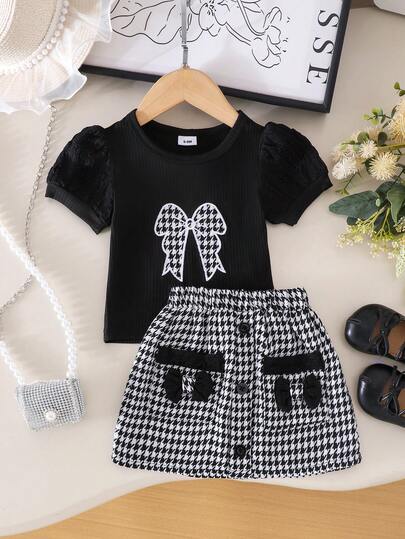 2件套女婴优雅泡泡袖黑色蝴蝶结T恤+半裙套装，时尚度假风，春夏款