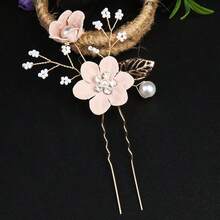 4pcs/Set Women's Hair Accessory, Gold-Tone Alloy Leaf Hairpin And Fabric Flower Comb Set, White Pearl & Rhinestone Hair Clip, Bride Wedding Hair Ornament Elegant Boho - Pink - View 9