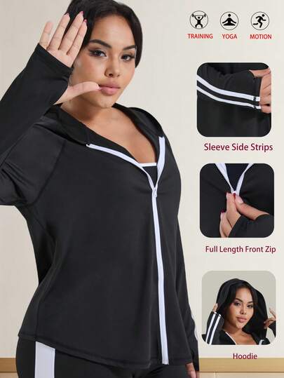 Felpa con chiusura lampo completa a righe doppie per taglie forti, giacca sportiva da running con fori per il pollice, giacca da fitness per donna, colore nero, primavera