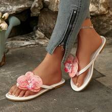 女士白色人字拖，轻便易穿，饰有粉色花朵 - 白色 - 查看 7