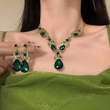 3件套女士合金镶钻玻璃首饰套装，包括1对耳环和1条项链，非常适合婚礼派对和作为礼物。 - 綠色 - 查看 5