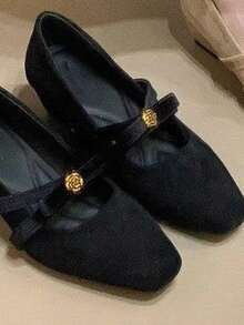 Elegant Velvet Bow Mary Jane Shoes For Women, Retro Strap Thick Heel Low Vamp Pumps, Spring/Autumn 2026 New Arrival - Black - View 3