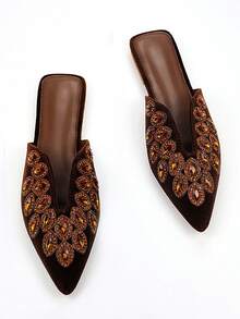 Giày bệt nữ sang trọng, đính đá và ngọc trai toàn thân, màu nâu nhung, mũi nhọn, kiểu dáng chữ U, thoải mái, phù hợp cho cả đi hàng ngày và dự tiệc. - màu nâu - Xem 2