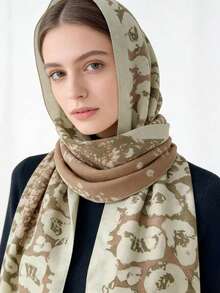 1pc Green Lotus Print Muslim Headscarf, Fashionable Breathable Lightweight Headcover, Double Needle Lockstitch Embroidered Refined Edges, Women Scarf, Suitable For All Seasons - Green - View 2