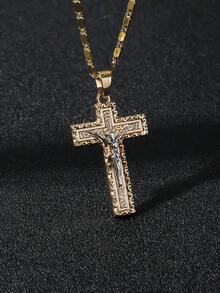 1件复古金属风格双色耶稣受难十字架元素吊坠项链，男女通用宗教元素护身符吊坠，男士多色宗教元素项链 - 金黃色 - 查看 6