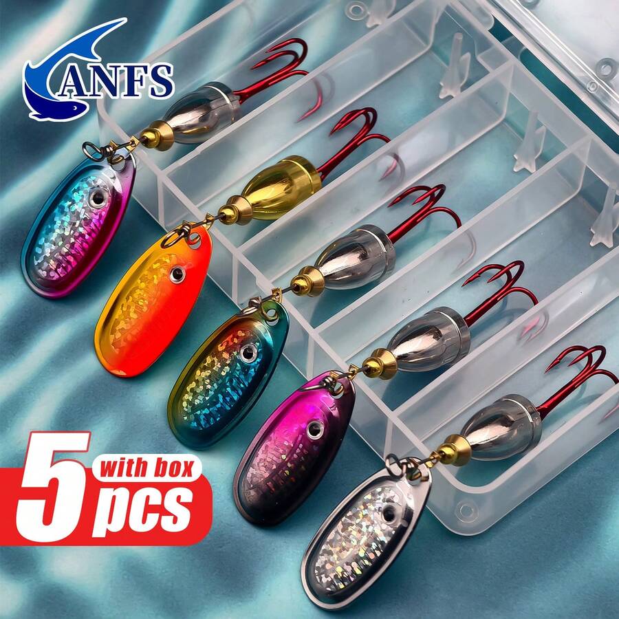 ANFS 5 piezas de señuelos de pesca de cobre - Set de señuelos de cuchara giratoria multicolor con caja de señuelos, regalo perfecto para entusiastas de la pesca