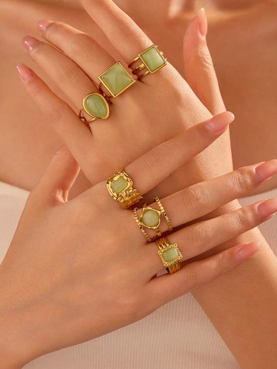 Bộ 6 chiếc nhẫn thép không gỉ mạ vàng kiểu cổ điển, đính đá nhựa màu xanh lá cây, thích hợp cho nữ hoặc làm quà tặng. - Vàng - Xem 1