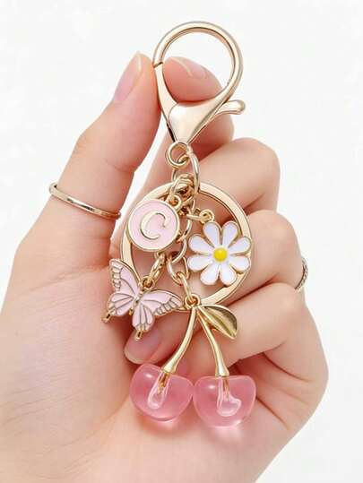 1pc Pink Cherry Blossom & Butterfly Keychain With A-Z Alphabet Letters, Flower & Butterfly Charms, Round Ring Clasp For Women's Bag/Purse/Car Keys - Birthday/Christmas/Anniversary Gift (Ized Initial Key Ring)