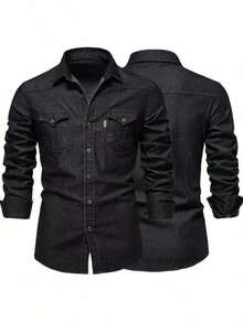 Primavera y verano chaquetas de los hombres, de algodón, delgado, chaqueta de solapa, camisa de doble bolsillo, estilo de la calle, la moda urbana, adecuado para el uso diario de desgaste - Negro - Ver 3