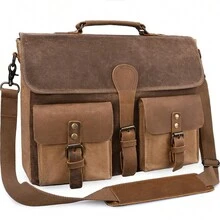 NEWHEY 15.6 Inch Men's Vintage Genuine Leather Large Laptop Briefcase, Waterproof Canvas Messenger Bag, Durable Leather Computer Bag, Brown - Multicolor - View 10
