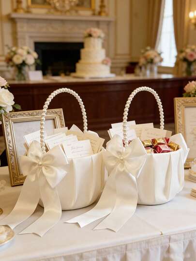 1个象牙白珍珠蝴蝶结婚礼花篮，缎面花篮，优雅珍珠蝴蝶结手柄，适合婚礼装饰、新年礼物、装饰礼品；白色花瓣婚礼花篮，情人节装饰，多功能活动派对配件，装饰花艺，适合婚礼、派对等。