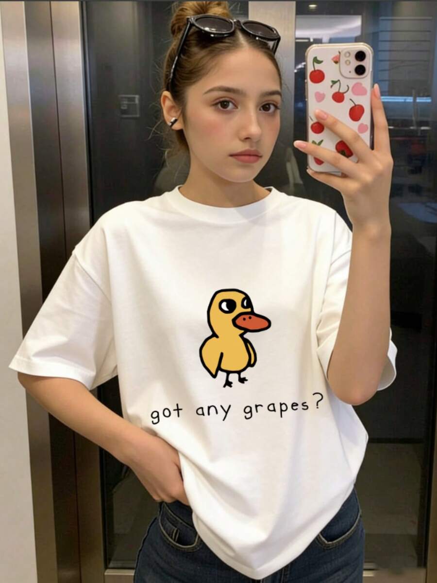 Áo thun ngắn tay in hình vịt hoạt hình và khẩu hiệu cho bé gái, áo kiểu cổ tròn mùa hè cho bé gái. - trắng - Xem 1