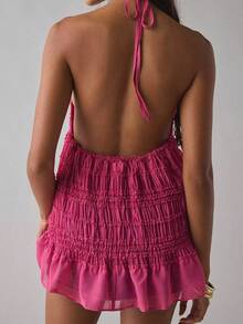 Women Summer Y2k Lace-Up Halter Tops Deep V-Neck Smocked Camisole Sleeveless Sheer Ruffle Hem Babydoll Tank Tops Backless Peplum Cami Shirt Boho Beach Vacation Tops Fairy Printed Aesthetic Clothes - Màu Hồng Tươi - Xem 2