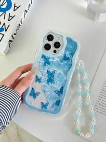 奶油色波浪边亮面蝴蝶彩绘防摔手机壳，配手工串珠手链，兼容 XR/11/12/13/14/15 Plus、16 Pro Max、17 Air 系列 - 彩色 - 查看 3