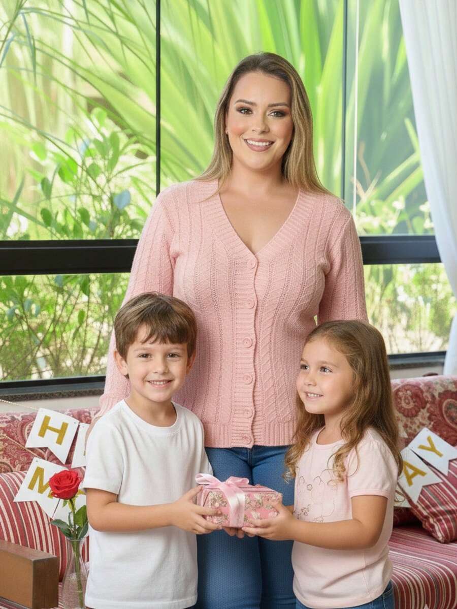 Women's Cardigan Knit With Buttons And Pockets, Mid-Season Plus Size Luxury Coat By Rosana Malhas - 乾枯玫瑰色 - 查看 1