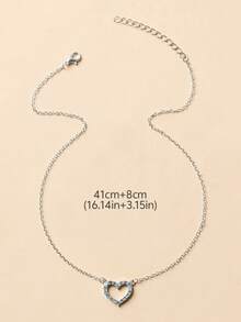 1pc Rhinestone Hollow Heart Pendant Necklace, Valentine's Day - Silver - View 5