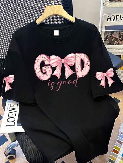 Teen Girl Casual Bow & Letter Print Short Sleeve Top, Soft & Comfortable Summer T-Shirt