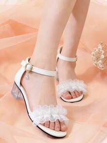 1 đôi sandal cao gót thời trang cho trẻ em, sandal cao gót thanh lịch cho bé gái với viền ren, thiết kế khóa điều chỉnh, phù hợp cho đi chơi hàng ngày, dự tiệc cưới, du lịch mùa hè. - trắng - Xem 2