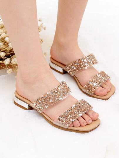 1 Pair Children's High Heel Sandals, Girls' Fashion High Heel Slippers, Gold Glitter Decor, Stylish & Comfortable, Suitable For Little Girls In Summer, Casual Outings, Parties