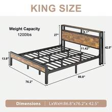 Bed Frame With LED Light, Industrial Platform Bed With Charging Station, 2-Tier Storage Headboard, No Box Spring Needed, Noise-Free, Strong Support Legs - 查看 8