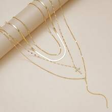 4pcs Fashionable Cross Design Women Necklace Set, Rhinestone Pendant Snake Chain Combination, European & American Ins Style Sexy Clavicle Chain, Versatile For Daily And Party Wear - Multicolor - View 2