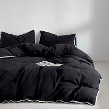 3件套亲肤水洗磨毛面料柔软舒适蕾丝花卉图案被套套装（1个被套+2个枕套，不含被芯），适合男孩、女孩、卧室、客房、青少年床上用品，可机洗 - 黑色 - 查看 7