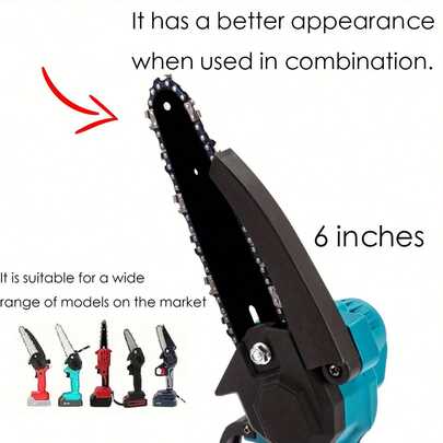 6英寸锯链+导板，黑色，适用于6英寸便携式无绳电池供电手持电锯，可用于修剪、园艺、户外作业和木材切割，兼容多种型号，安装简便，便于携带。