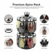 Revolving Spice Rack Organizer Storage For Kitchen, Spice Stand Holder, Spinning Countertop Herb And Spice Rack Organizer With 6/12 Glass Jar Bottles Set - màu đen - Xem 5