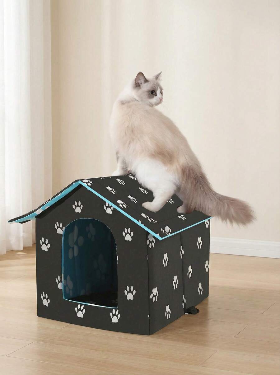 PETSIN 1 件户外防水猫床，房屋形状，加厚 600D 牛津布防风雨，高密度泡沫隔热，配有 4 季舒适坐垫