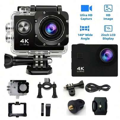 1pc 4K Ultra HD Action Camera - Compact Portable Stabilized 18MP Waterproof Diving Camera, Motorcycle Bicycle Dash Cam, Rechargeable Outdoor Sports Vlog Camera (Micro SD Card Not Included) + Free 31-Country User Manual