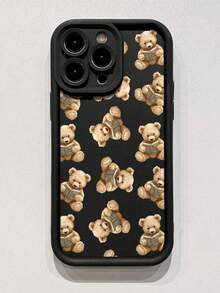 1pc Minimalist Cartoon Bear Pattern Thick Shockproof Black Full Coverage Soft Phone Case For IPhone 11/12/13/14/15/16/17 Pro Max - Multicolor - View 3