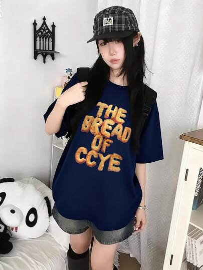 1pc Women's Casual Loose Design English Print T-Shirt, School Girl Style, Versatile Round Neck Top, Spring/Summer 2026