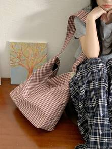 Lightweight Large Capacity Canvas Tote Bag, Fashionable Plaid Fabric, Casual College Style, Suitable For Middle/High School/University Students, Foldable Bucket Bag, Cute & Sweet Crossbody Bag - Multicolor - View 7