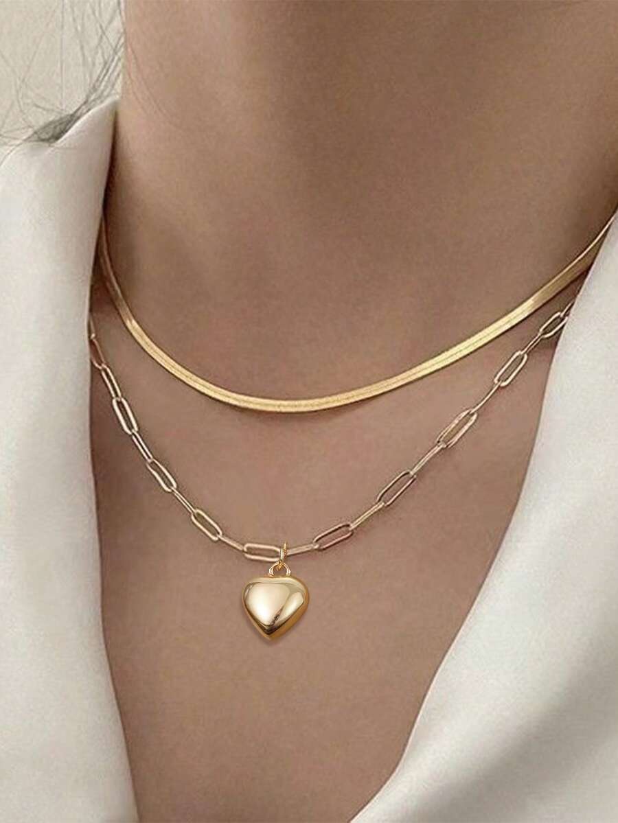 2pcs Set Fashionable Minimalist Gold Stainless Steel Blade Chain With Heart Pendant Necklace, Elegant Layered Choker Necklace, Suitable For Daily Wear And Gift - Yellow Gold - View 1